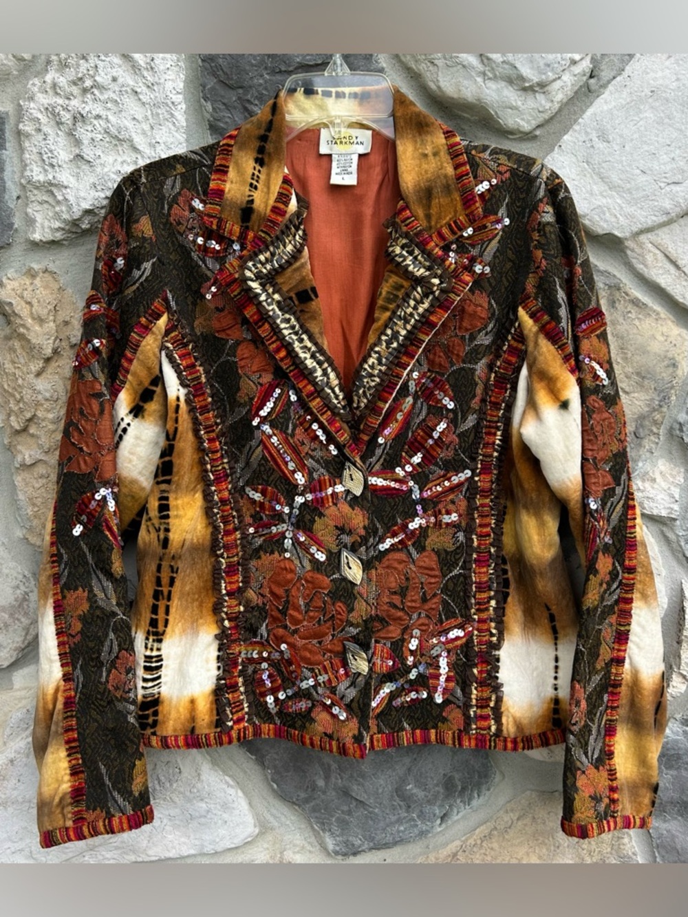 Vintage Sandy Starkman Blazer Jacket Size L Sequin Mixed Media Boho Tapestry Art